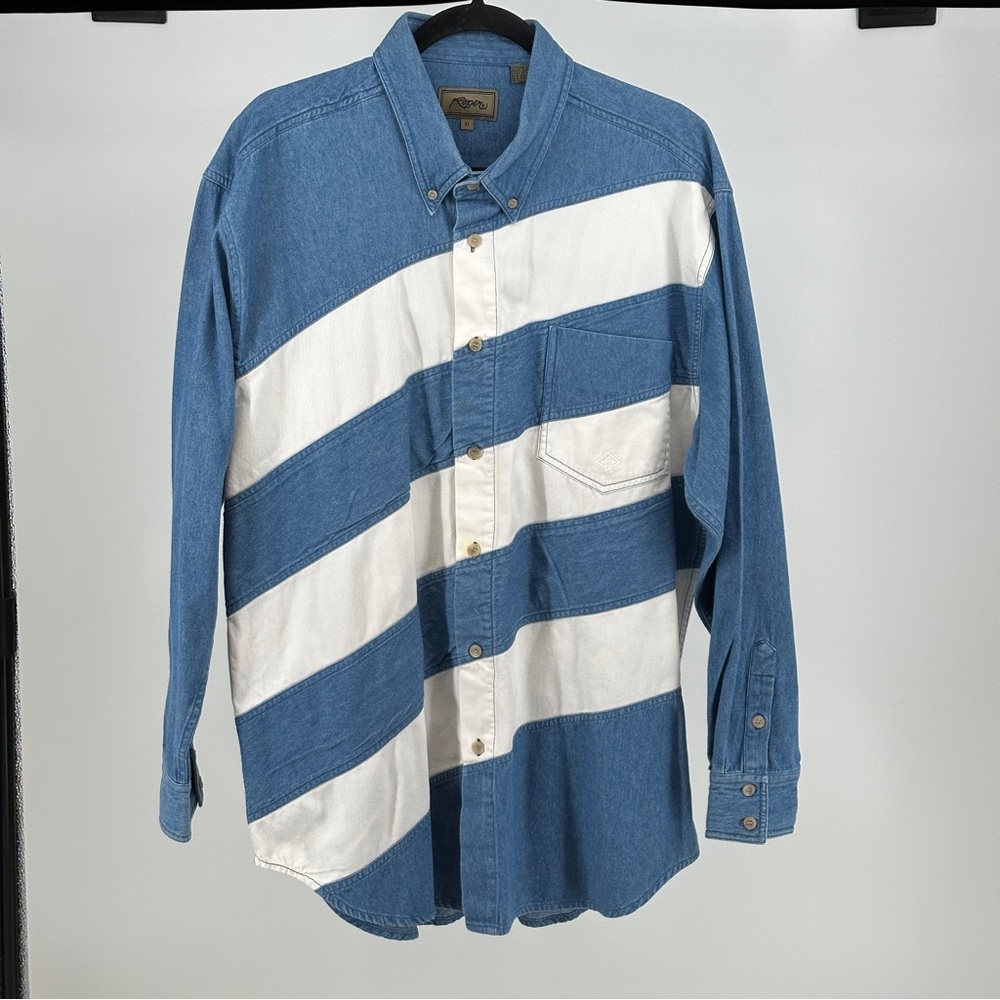 Men’s XL Vintage 90’s Roper Chambray White‎ Diagonal Colorblock Shirt